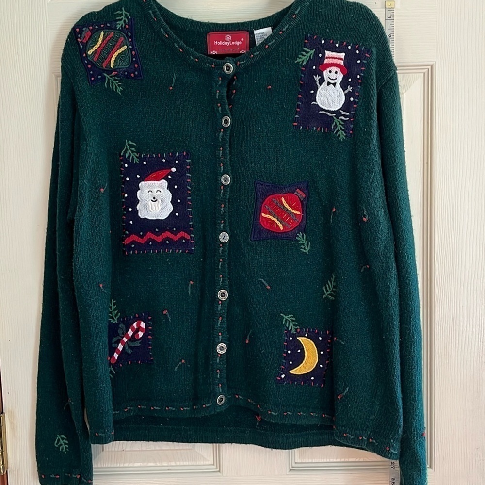 VTG-holiday lodge-L-green-holiday,Christmas, embroidered, cardigan sweater.